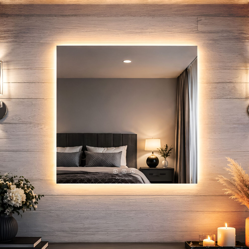 3117 - Bluetoothlu, Buğu Çözücülü, Dokunmatik Butonlu ve Işıklı Kare Ayna