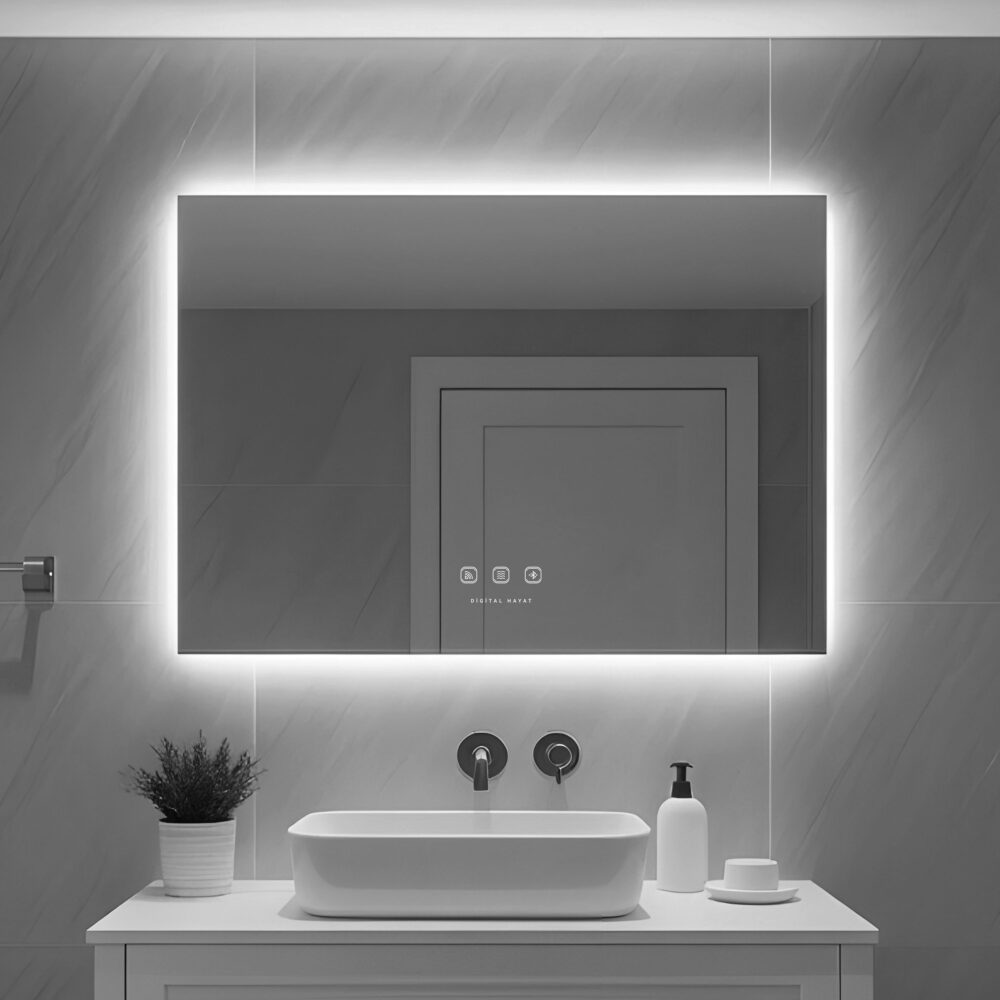 3111 - Bluetoothlu, Buğu Çözücülü, Dokunmatik Butonlu ve Işıklı Dikdörtgen Ayna