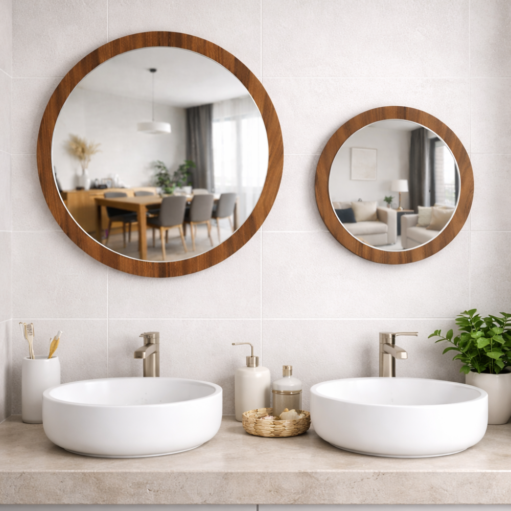 3114 - İkili Ahşap Model Yuvarlak Ayna ( 36x36 cm & 50x50 cm )